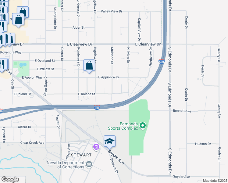 map of restaurants, bars, coffee shops, grocery stores, and more near 1296 East Roland Street in Carson City