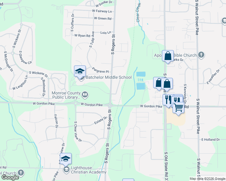 map of restaurants, bars, coffee shops, grocery stores, and more near 3649 South Rogers Street in Bloomington