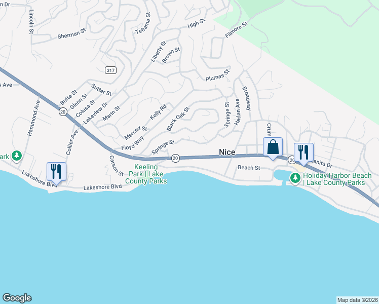map of restaurants, bars, coffee shops, grocery stores, and more near 3204 State Highway 20 in Nice