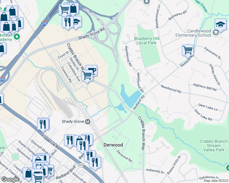 map of restaurants, bars, coffee shops, grocery stores, and more near 16608 Crabbs Branch Way in Derwood