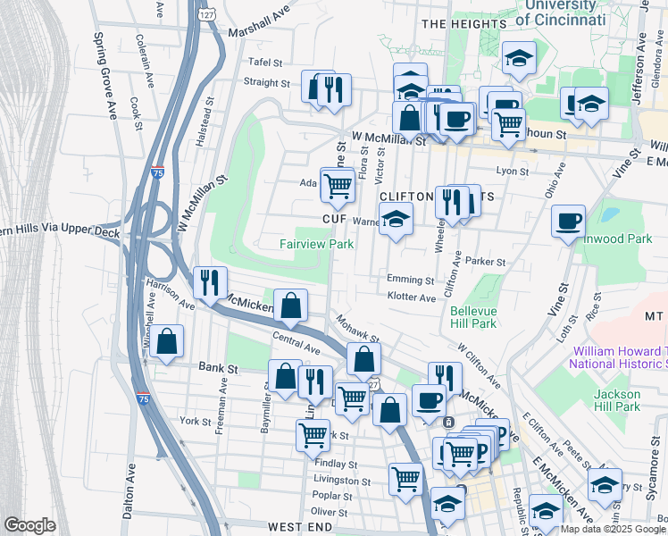 map of restaurants, bars, coffee shops, grocery stores, and more near in Cincinnati