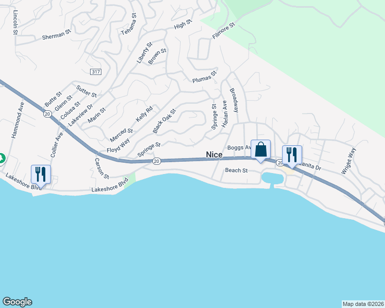map of restaurants, bars, coffee shops, grocery stores, and more near 3264 State Highway 20 in Nice