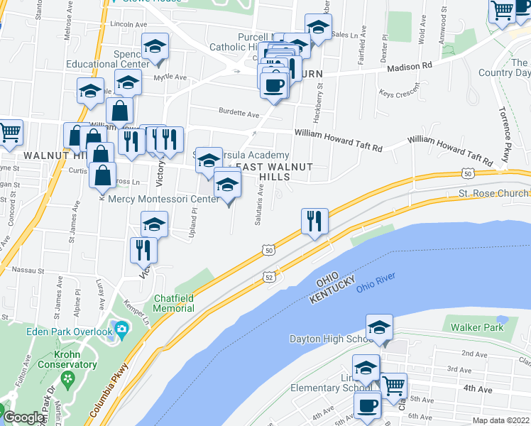 map of restaurants, bars, coffee shops, grocery stores, and more near 2317 Salutaris Avenue in Cincinnati