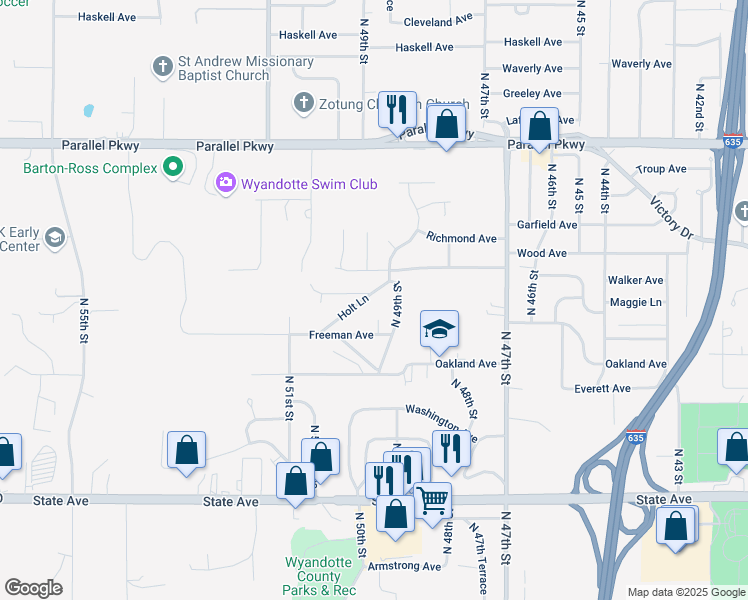 map of restaurants, bars, coffee shops, grocery stores, and more near 1657 Holt Lane in Kansas City