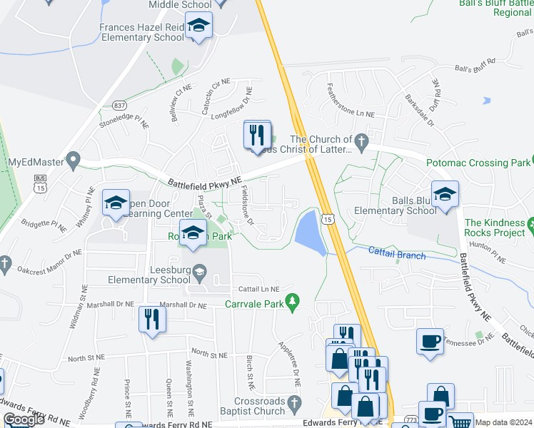 map of restaurants, bars, coffee shops, grocery stores, and more near 523 Blacksburg Terrace Northeast in Leesburg