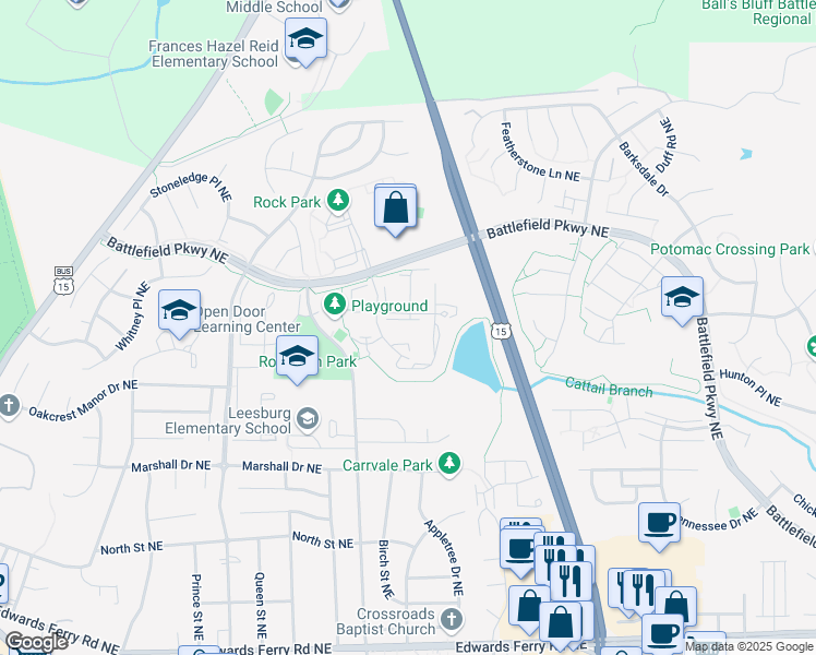 map of restaurants, bars, coffee shops, grocery stores, and more near 521 Blacksburg Terrace Northeast in Leesburg