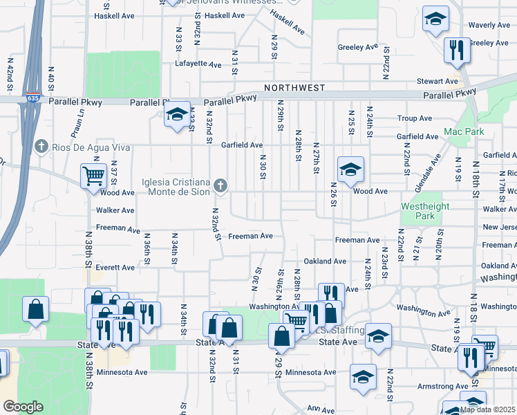 map of restaurants, bars, coffee shops, grocery stores, and more near 1708 North 31 Street in Kansas City