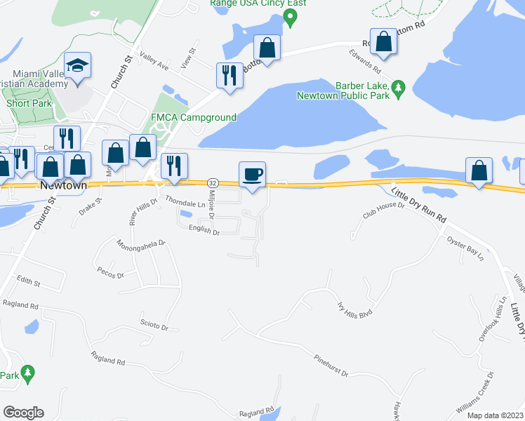 map of restaurants, bars, coffee shops, grocery stores, and more near 7421 Ivy Hills Place in Newtown