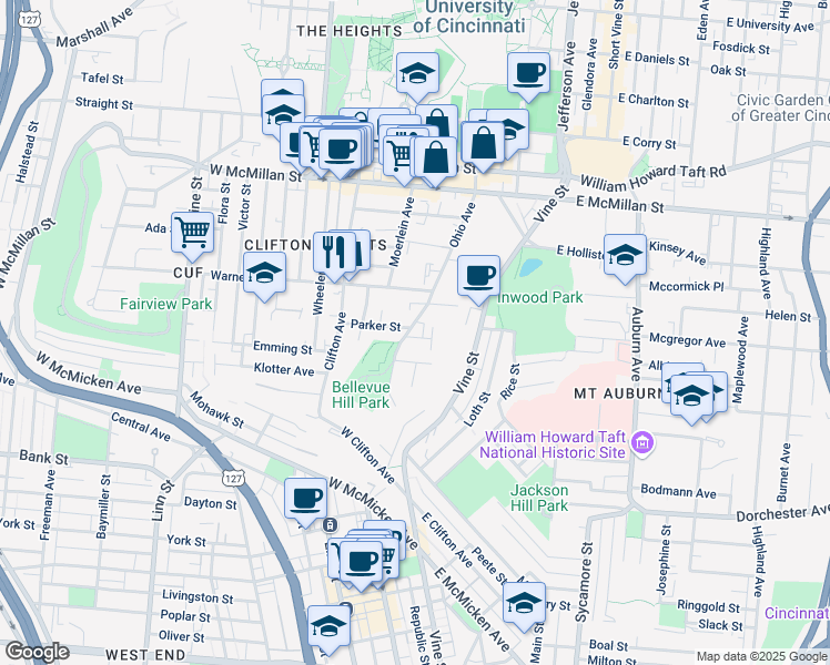 map of restaurants, bars, coffee shops, grocery stores, and more near 2218 Ohio Avenue in Cincinnati