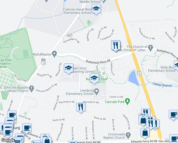 map of restaurants, bars, coffee shops, grocery stores, and more near 355 Stable View Terrace Northeast in Leesburg