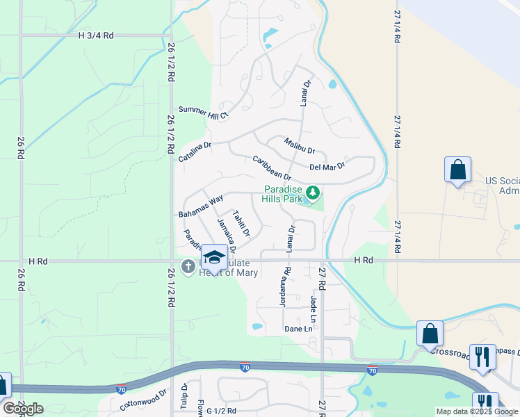map of restaurants, bars, coffee shops, grocery stores, and more near 2686 Paradise Way in Grand Junction