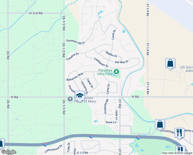 map of restaurants, bars, coffee shops, grocery stores, and more near 2686 Paradise Way in Grand Junction