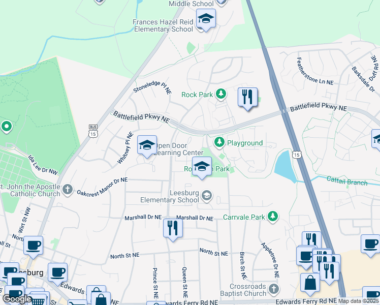 map of restaurants, bars, coffee shops, grocery stores, and more near 355 Stable View Terrace Northeast in Leesburg