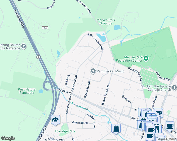 map of restaurants, bars, coffee shops, grocery stores, and more near 108 Exmoor Court Northwest in Leesburg