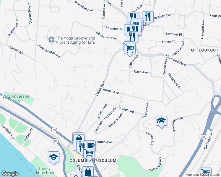 map of restaurants, bars, coffee shops, grocery stores, and more near 3530 Kroger Avenue in Cincinnati