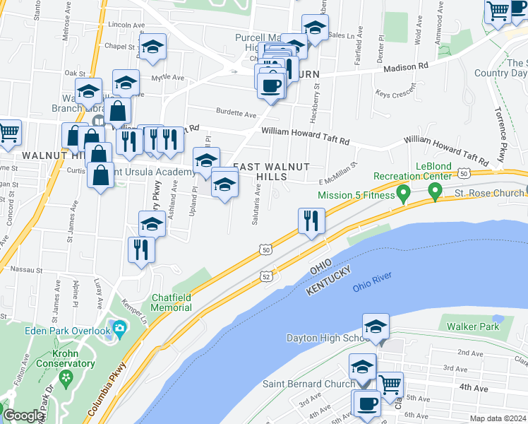 map of restaurants, bars, coffee shops, grocery stores, and more near 2317 Salutaris Avenue in Cincinnati