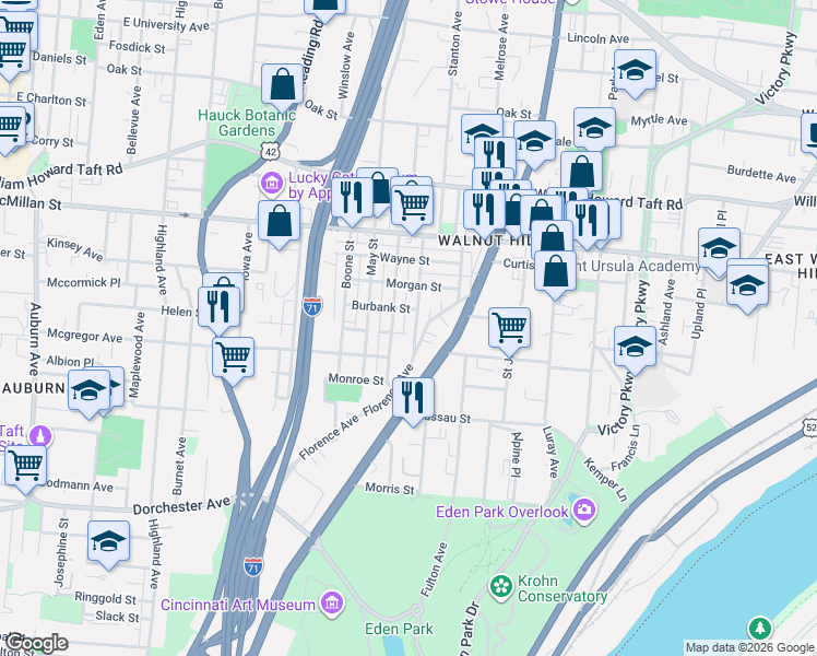 map of restaurants, bars, coffee shops, grocery stores, and more near 2319 Concord Street in Cincinnati