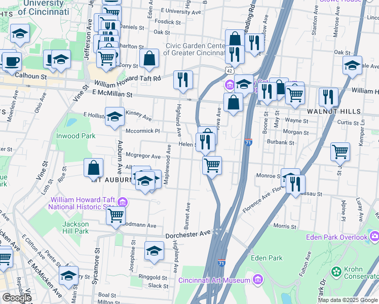 map of restaurants, bars, coffee shops, grocery stores, and more near 322 Mcgregor Avenue in Cincinnati