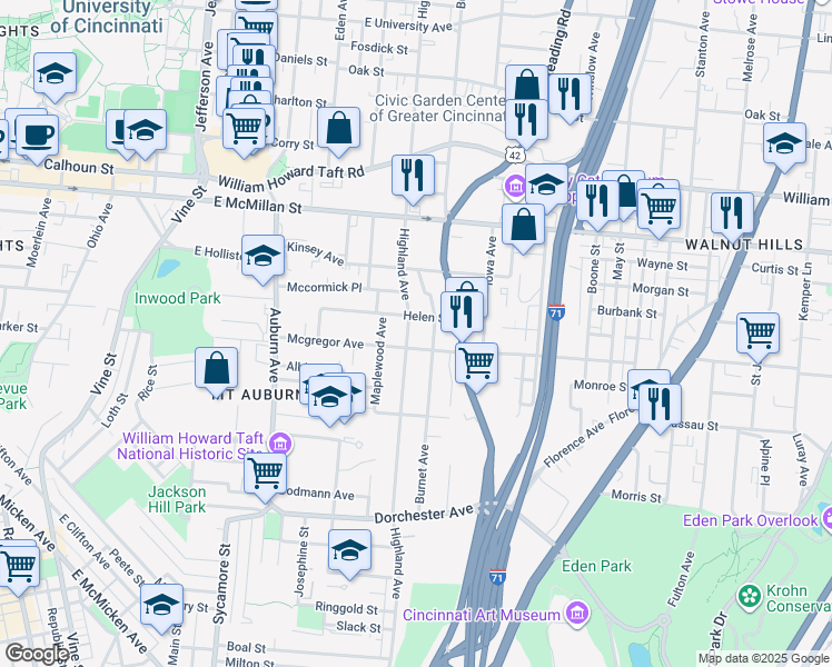 map of restaurants, bars, coffee shops, grocery stores, and more near 322 Mcgregor Avenue in Cincinnati