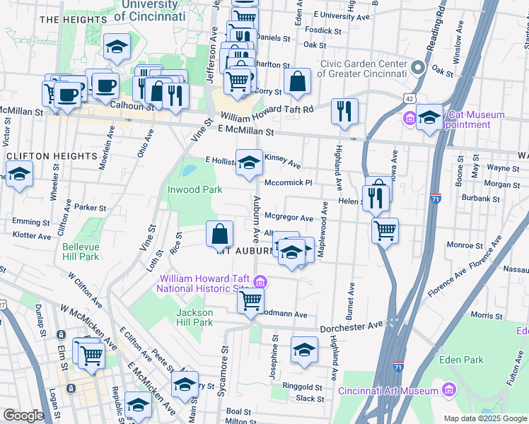 map of restaurants, bars, coffee shops, grocery stores, and more near in Cincinnati