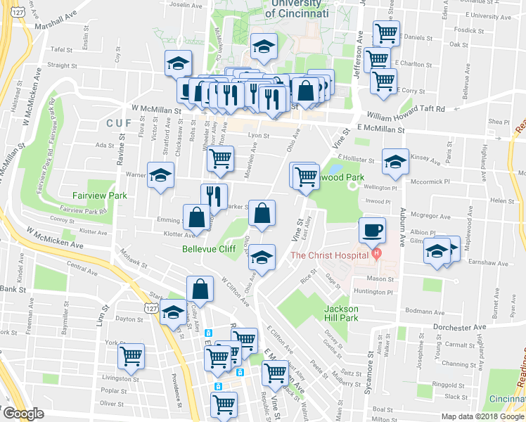 map of restaurants, bars, coffee shops, grocery stores, and more near 2210 Ohio Avenue in Cincinnati