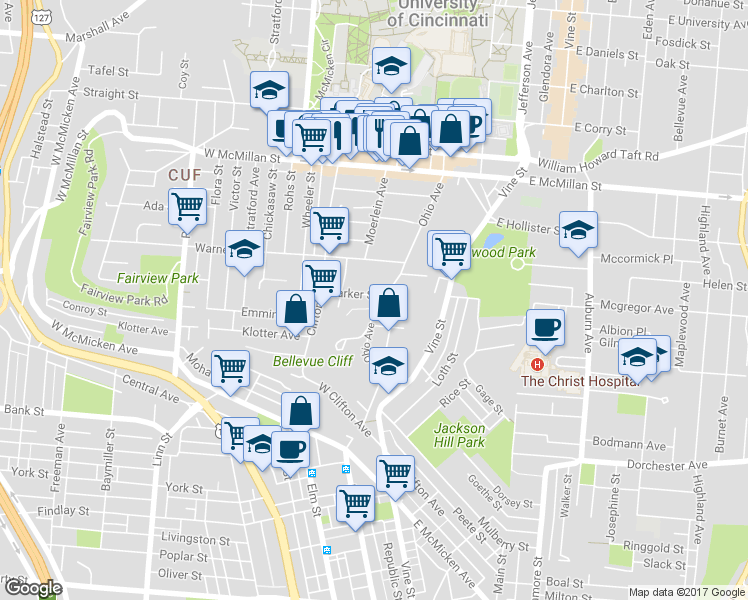 map of restaurants, bars, coffee shops, grocery stores, and more near 2210 Ohio Avenue in Cincinnati