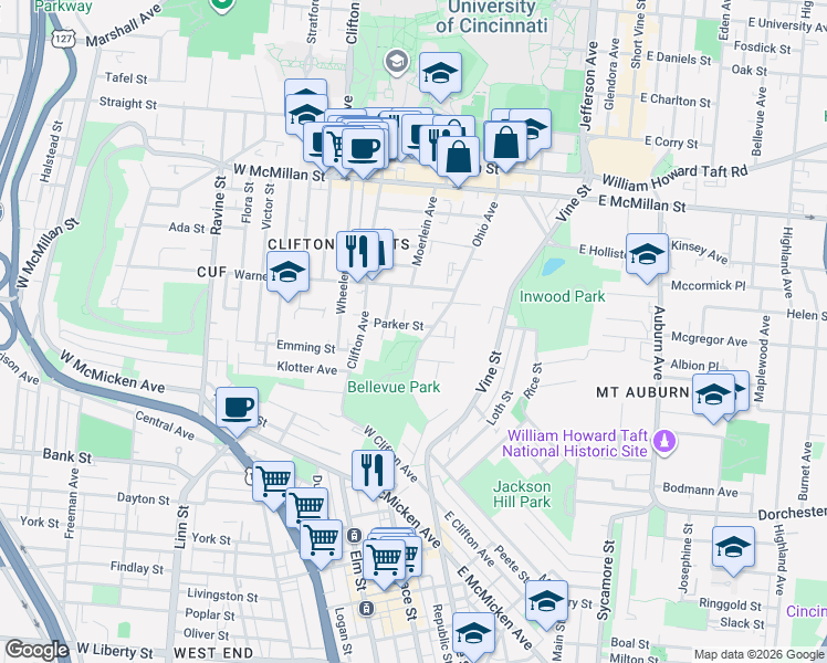 map of restaurants, bars, coffee shops, grocery stores, and more near 2210 Ohio Avenue in Cincinnati