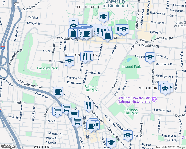 map of restaurants, bars, coffee shops, grocery stores, and more near 2214 Sauer Avenue in Cincinnati