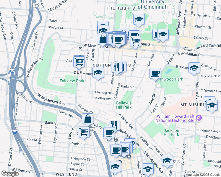 map of restaurants, bars, coffee shops, grocery stores, and more near in Cincinnati