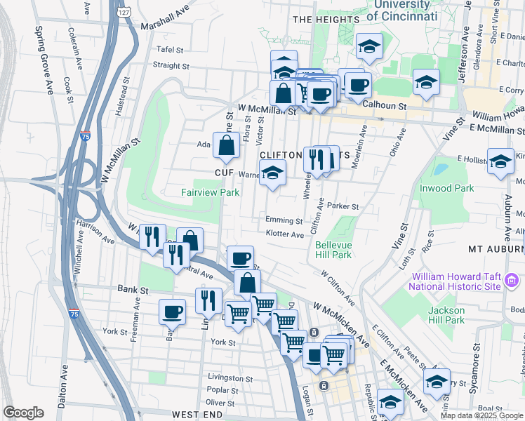 map of restaurants, bars, coffee shops, grocery stores, and more near 276 Emming Street in Cincinnati