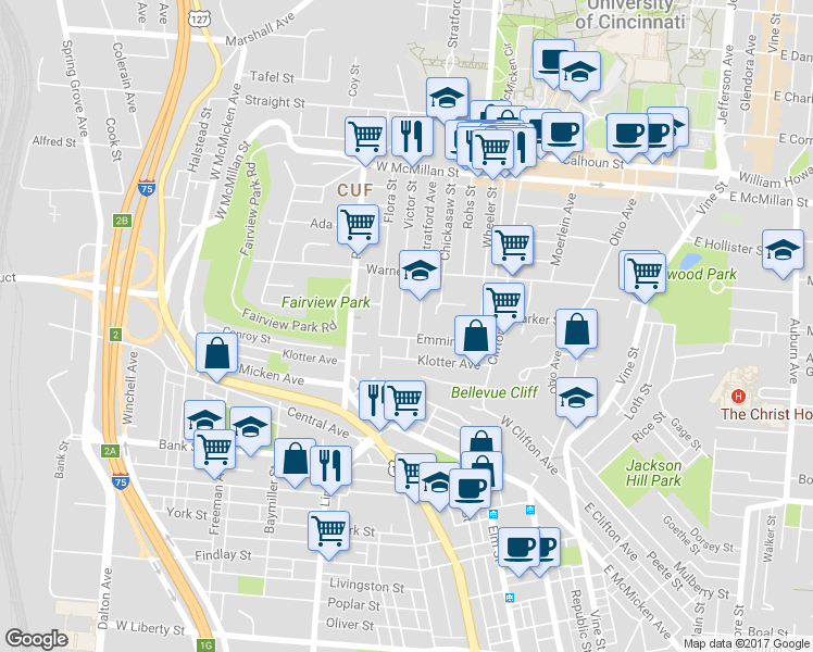 map of restaurants, bars, coffee shops, grocery stores, and more near 276 Emming Street in Cincinnati