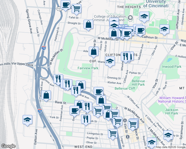 map of restaurants, bars, coffee shops, grocery stores, and more near in Cincinnati