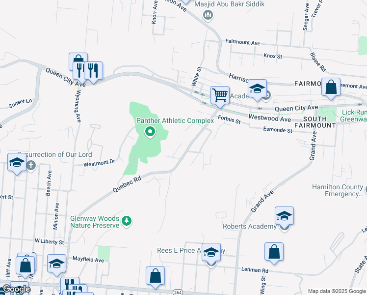 map of restaurants, bars, coffee shops, grocery stores, and more near 2241 Alexander Street in Cincinnati