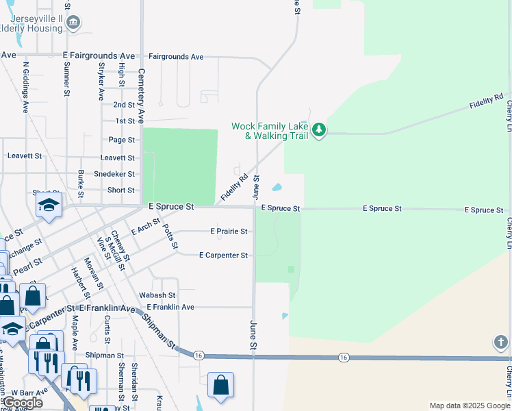 map of restaurants, bars, coffee shops, grocery stores, and more near 102 June Street in Jerseyville
