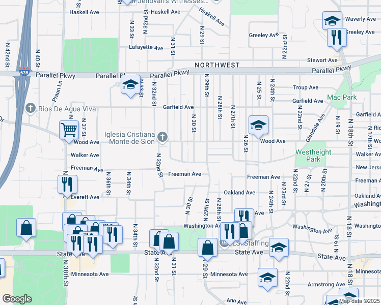 map of restaurants, bars, coffee shops, grocery stores, and more near 1708 North 31 Street in Kansas City