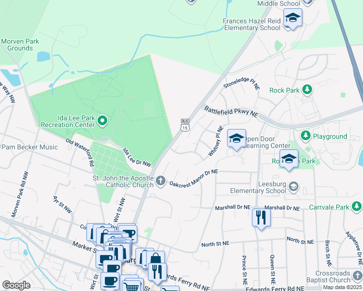 map of restaurants, bars, coffee shops, grocery stores, and more near 106 Bridgette Place Northeast in Leesburg