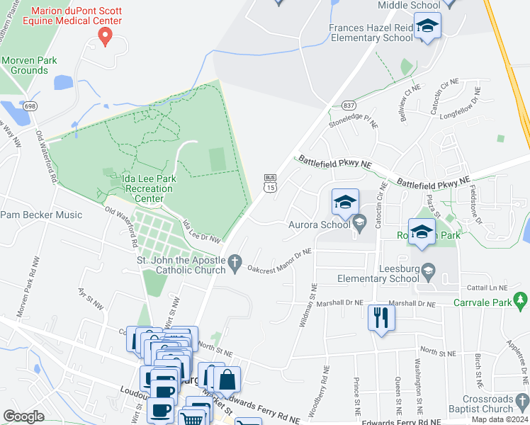 map of restaurants, bars, coffee shops, grocery stores, and more near 106 Bridgette Place Northeast in Leesburg