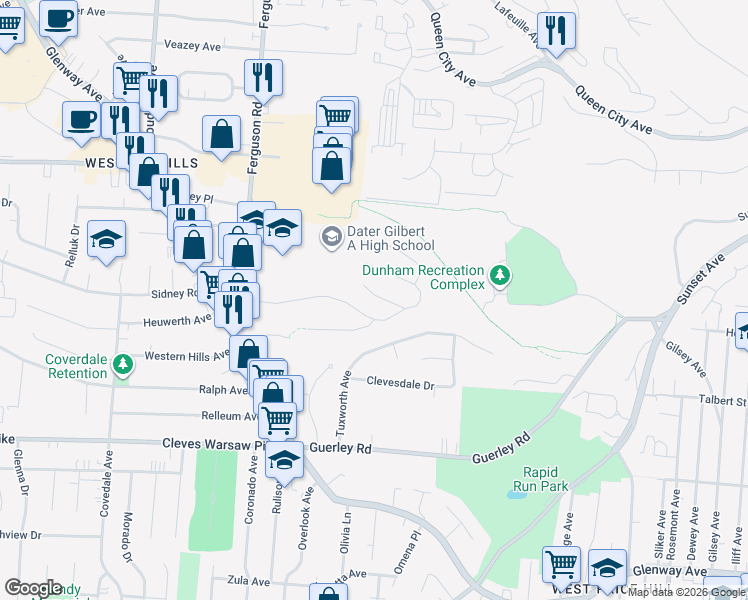 map of restaurants, bars, coffee shops, grocery stores, and more near 4731 Green Glen Lane in Cincinnati