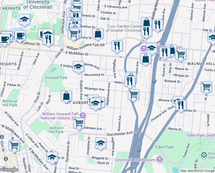 map of restaurants, bars, coffee shops, grocery stores, and more near 2307 Maplewood Avenue in Cincinnati