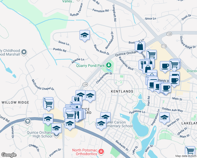 map of restaurants, bars, coffee shops, grocery stores, and more near 415 Ridgepoint Place in Gaithersburg