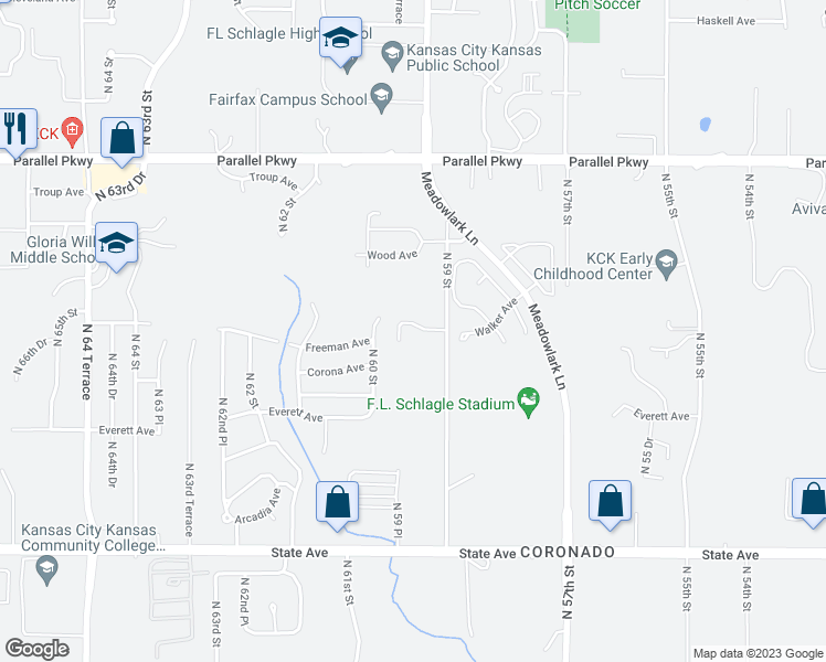 map of restaurants, bars, coffee shops, grocery stores, and more near 5929 Freeman Avenue in Kansas City