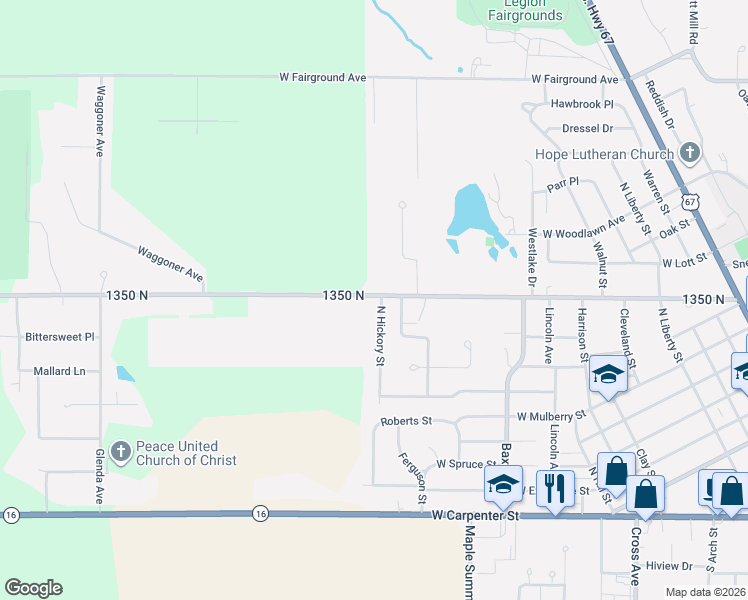 map of restaurants, bars, coffee shops, grocery stores, and more near 702 1350 North in Jerseyville