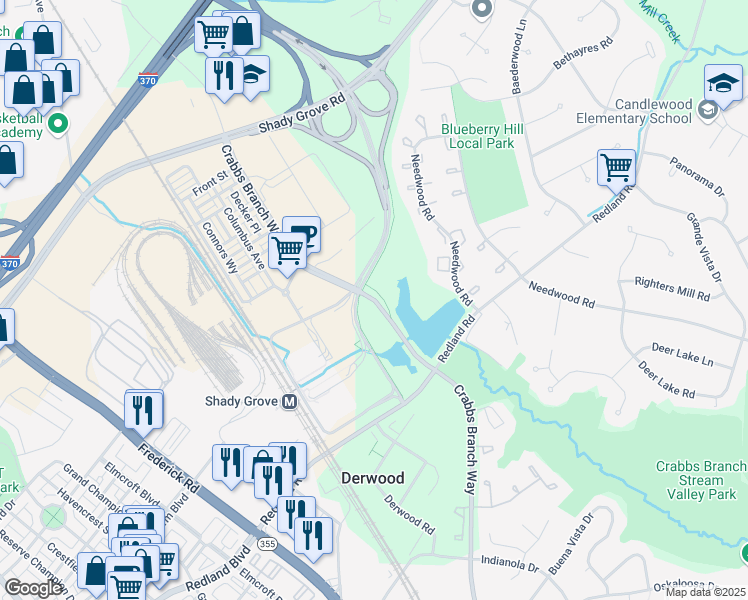 map of restaurants, bars, coffee shops, grocery stores, and more near 16612 Crabbs Branch Way in Derwood