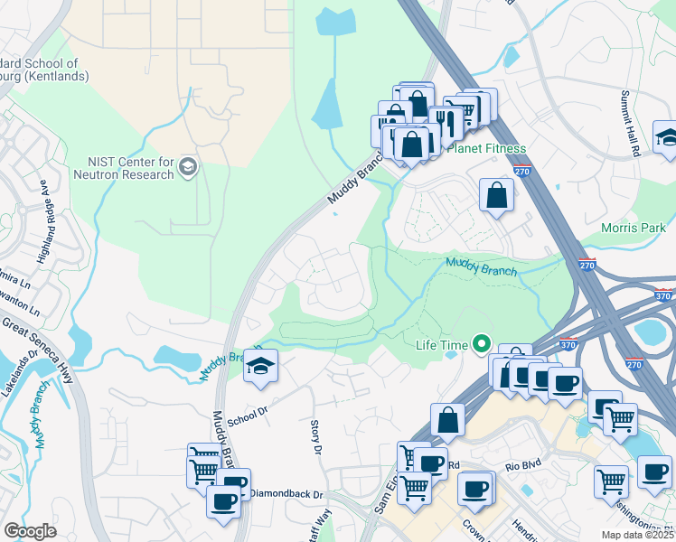 map of restaurants, bars, coffee shops, grocery stores, and more near 446 Palmspring Drive in Gaithersburg