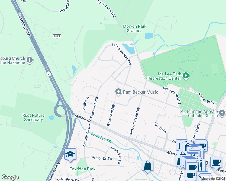 map of restaurants, bars, coffee shops, grocery stores, and more near 108 Exmoor Court Northwest in Leesburg