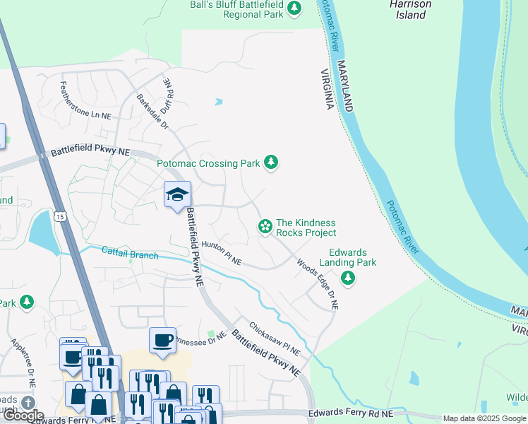 map of restaurants, bars, coffee shops, grocery stores, and more near 1706 Graywood Way Northeast in Leesburg