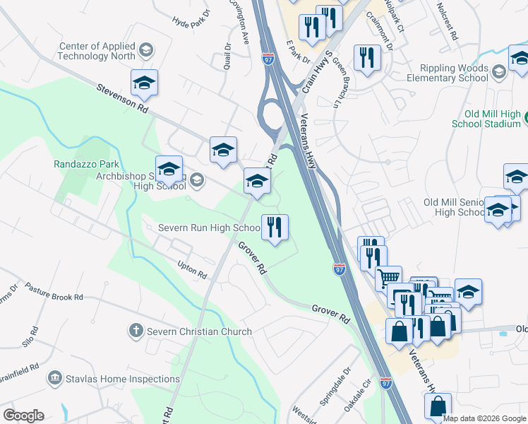 map of restaurants, bars, coffee shops, grocery stores, and more near 8065 New Cut Road in Severn