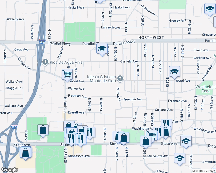 map of restaurants, bars, coffee shops, grocery stores, and more near 1620 North 32nd Street in Kansas City