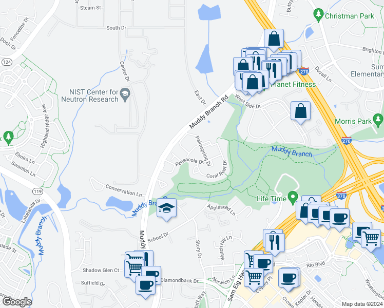 map of restaurants, bars, coffee shops, grocery stores, and more near 526 Palmtree Drive in Gaithersburg