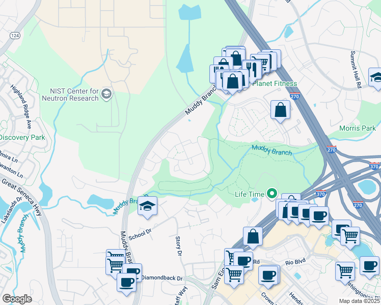 map of restaurants, bars, coffee shops, grocery stores, and more near 446 Palmspring Drive in Gaithersburg